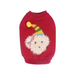 Christmas dog sweater in red knit featuring a 3D plush puppy face for festive pet apparel