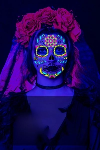 Glow in the dark Day of the Dead face tattoo stickers with neon skull patterns