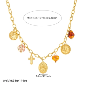 Gold multi-pendant necklace with religious coins and cross charms on a white background