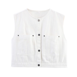 Women's white sleeveless denim vest with rivet buttons and a classic round neck design