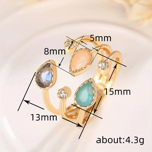 Elegant 18K gold plated triple-layer open ring with colorful teardrop stones and small diamonds