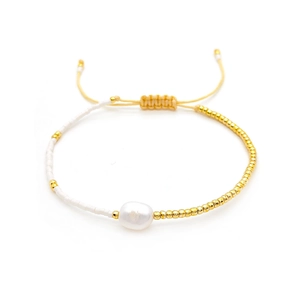 Baroque natural freshwater pearl handmade bead bracelet with adjustable gold cord