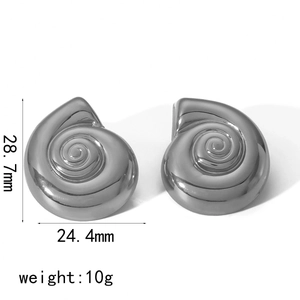 Polished silver stainless steel conch shell earrings with pearl studs and size dimensions