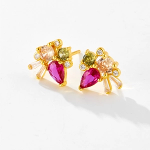 Elegant s925 silver stud earrings with teardrop rose red and multi-color zircons