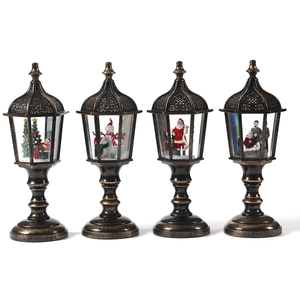 Vintage bronze musical Christmas lanterns with LED snow globe effects in four designs
