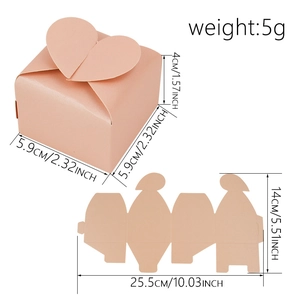 Pink heart-shaped pearlescent paper candy box with detailed dimensions and 5g weight
