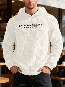 Detail of white sherpa hoodie with Los Angeles embroidery and textured teddy fleece fabric