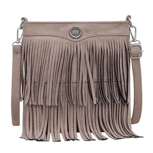 Vintage brown suede shoulder bag with long fringes and adjustable strap on white background
