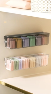 Transparent wall-mounted organizer box showing multi-grid storage for underwear and socks