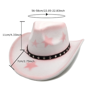 Pink and white western cowboy hat with star pattern and 56-58cm size measurements
