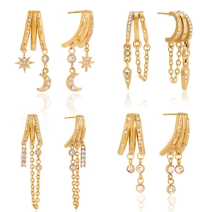 Parure de boucles d'oreilles en acier doré 18k avec zircon blanc, étoile lune et pompons