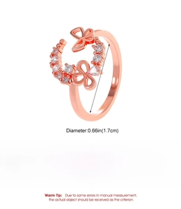 Detail of rose gold butterfly ring with 1.7cm inner diameter and clear zircon stones