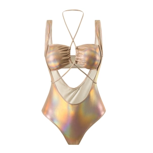 Iridescent laser-surface one-piece swimsuit with cross halter neck and cutout design