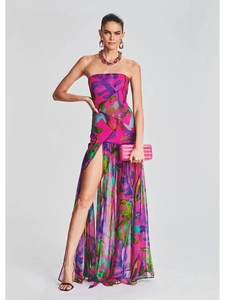 Detail of fuchsia abstract floral maxi dress with side slit and backless tube top style