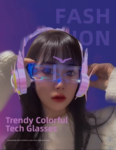 Detail view of pink LED cyberpunk glasses with circuit patterns and glowing headpiece accessory