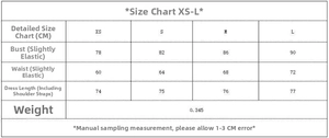Guide des tailles pour mini robe à bretelles dos nu avec mesures détaillées de XS à L