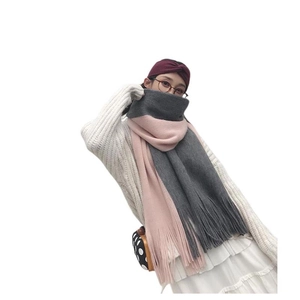 Chic grey and pink color-block knitted scarf with fringe tassels for winter warmth