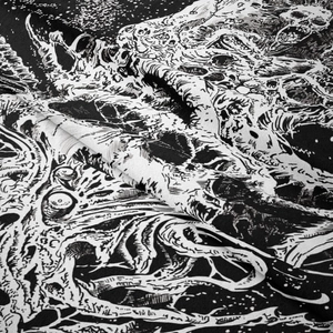 Macro shot showing weave texture and gothic skull print on black and white tapestry fabric