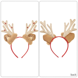 Close-up of Christmas reindeer headband with gold glitter antlers and plush ears