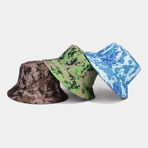 Three variants of digital camouflage bucket hats in brown, forest green, and ocean blue