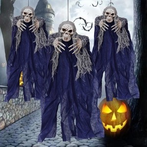 Three Halloween hanging skeletons with blue tattered robes for spooky yard decoration