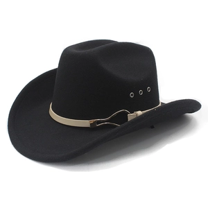 Classic black western cowboy felt hat with beige belt and golden buckle in a 45-degree view