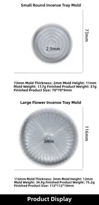 Macro view showing dimensions for round and flower shaped silicone incense burner molds
