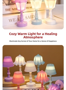 Close-up of mini macaron LED bedside lamps with retro pleated and lily petal shades