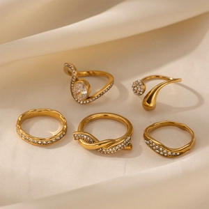 Titanium Steel Rhinestone Open Ring For Women Minimalist Gold Plated Geometric Wave Water Drop Inlaid Finger Ring Fashion Jewelry