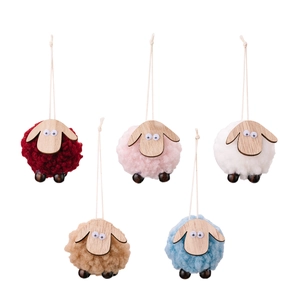 Set of five handmade felt sheep Christmas ornaments in various colors with wooden heads