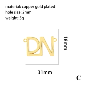 Detail showing 31x18mm copper gold-plated DN letter pendant dimensions and weight