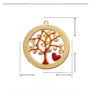 Detailed spec sheet showing tree of life heart pendant with red enamel and dimensions