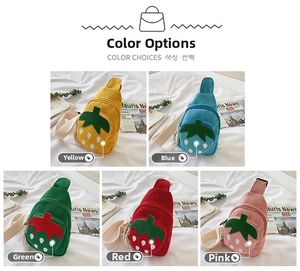 Detailed view of kids strawberry chest bags in five vibrant colors with adjustable straps