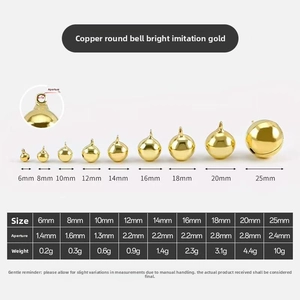 Size chart for gold-plated copper bells showing diameter, hole size, and weight specifications