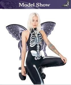 Detail of Halloween skeleton bodysuit with purple butterfly wings and skull patterns