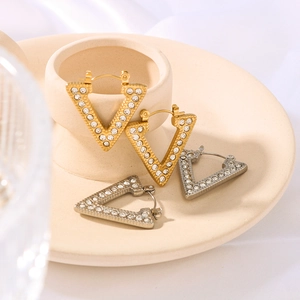 V Shaped Hoop Earrings Stainless Steel 18K Gold Plated Geometric Triangle Cubic Zirconia Rhinestone Ins Style For Women