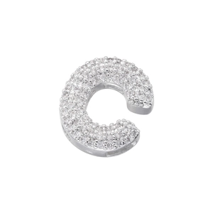 Close-up of silver-plated copper C-letter pendant with micro-paved cubic zirconia