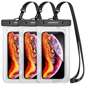 Three-pack clear waterproof phone pouches with black secure seal and neck lanyard straps