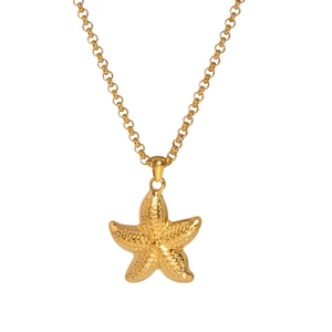 Detailed view of a gold starfish pendant with textured finish on a simple o-link chain