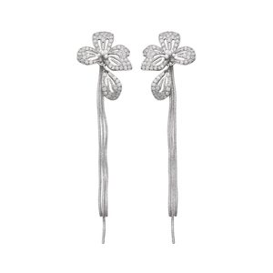 Elegant silver tassel earrings with zircon flower petals and long dangling pearls