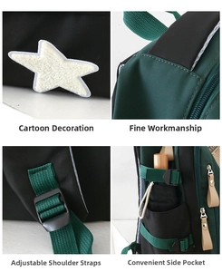Detailed views of the green contrast backpack featuring star patch and side buckle pocket