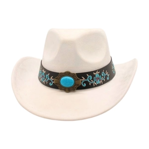 Detail of white fedora cowboy hat featuring a leather band with turquoise stone and embroidery