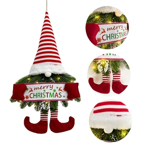 Christmas Gnome Pendant Wreath With LED String Lights Artificial Pine Needles Striped Hat Merry Christmas Door Wall Hanging Decoration Holiday Home Decor