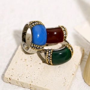 Vintage Geometric Ring Stainless Steel Colorful Enamel Glaze Inlaid Rhinestone Bohemian Fashion Jewelry Unisex
