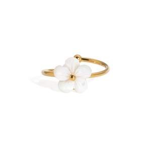 Detail eines goldenen offenen Rings mit weißer fünfblättriger Blüte und goldener Mitte