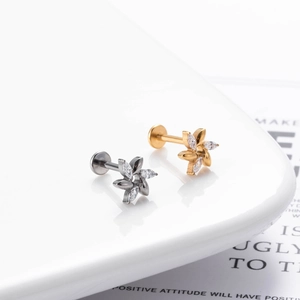 G23 titanium push-pin labret studs featuring zircon flower design in gold and silver