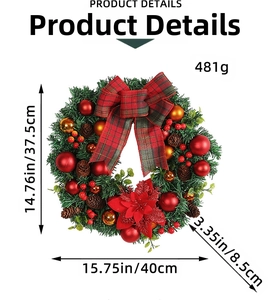 Detailed Christmas wreath showing 481g weight and dimensions 40x37.5cm on white background
