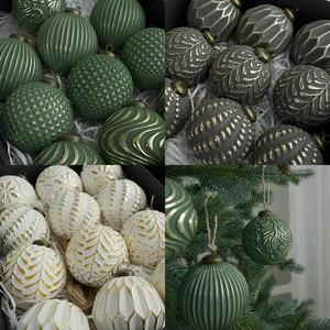 Set of 12 Christmas ornaments with golden relief patterns in green, gray, and white