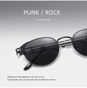 Macro detail of black metal steampunk sunglasses showing multi-bar punk temple design