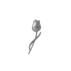 Detailed close-up of a silver tulip brooch with a polished metallic finish on white back